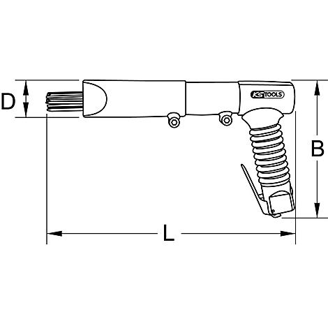 Dessin technique d'un dérocheur à aiguilles pneumatique. Les dimensions L, B et D sont indiquées.